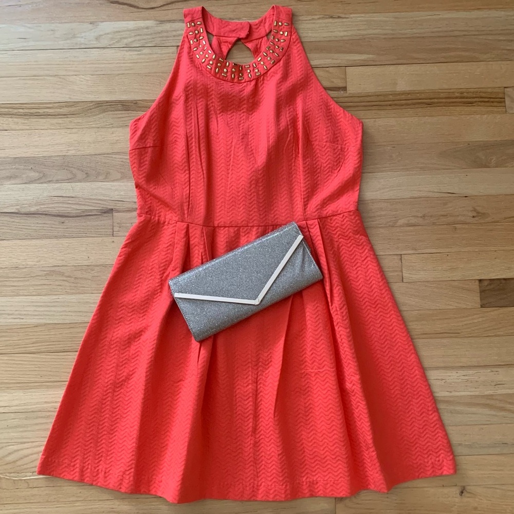 Coral Fit & Flare Halter Cocktail Dress-Size 18